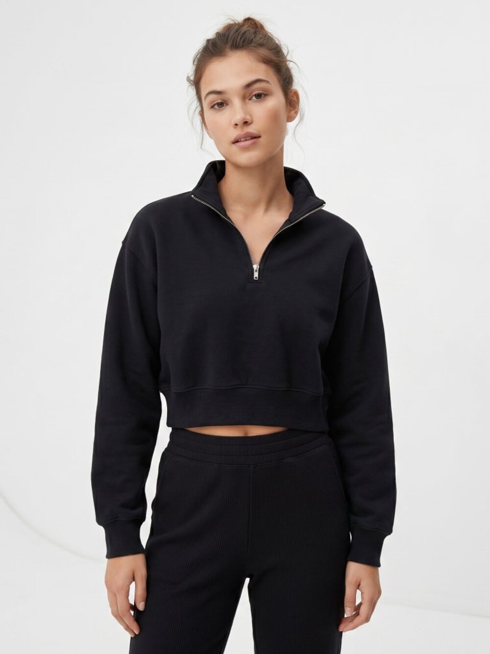 Black Cropped Half-Zip Sweatshirt - Women